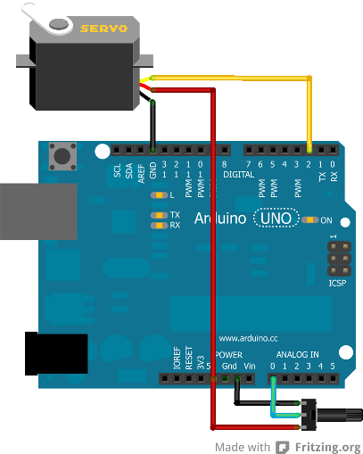 Arduino branché avec un servomoteur et un potentiomètre
